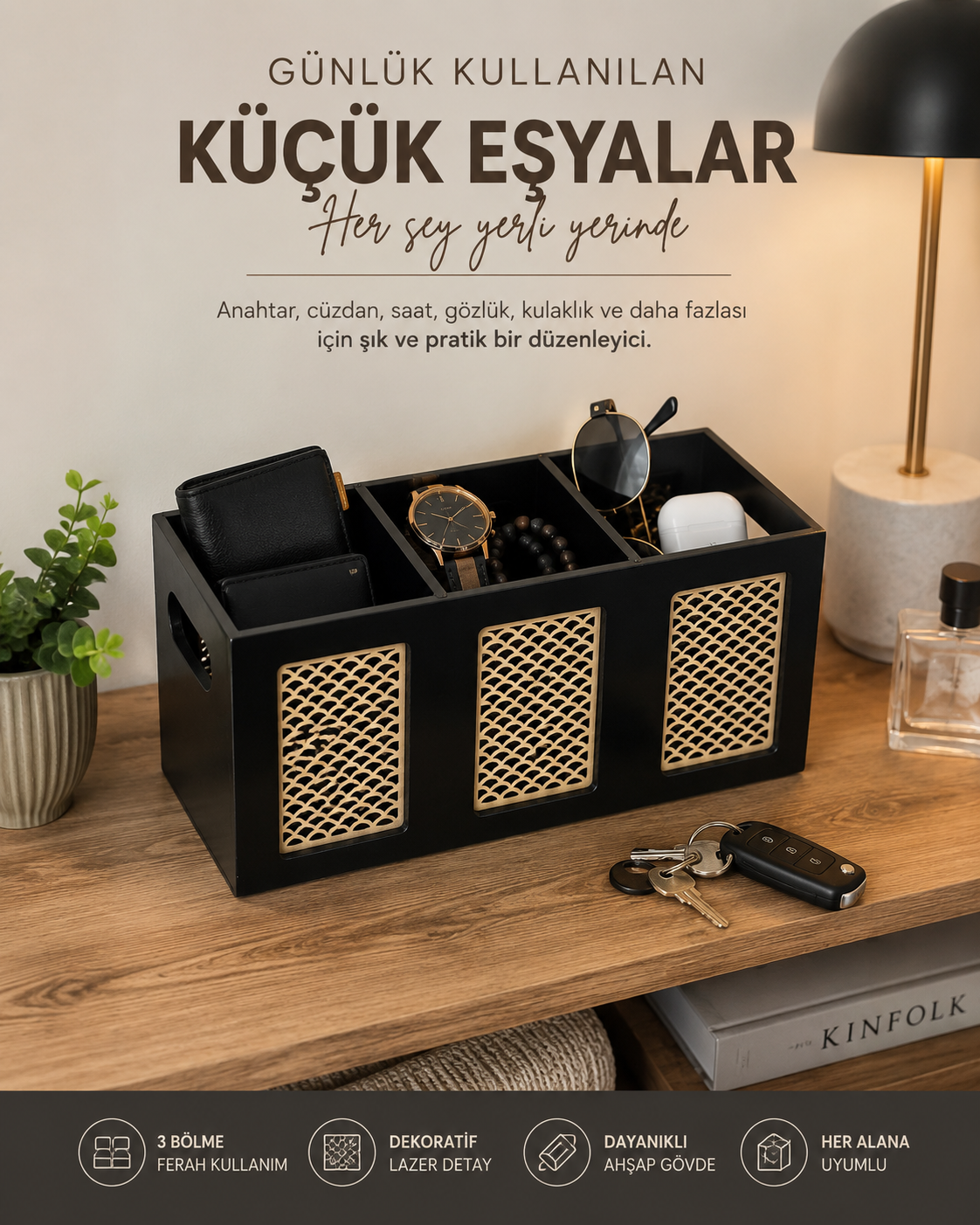 3 Bölmeli Taşıma Kulplu Dekoratif Masaüstü Organizer - Görsel 4