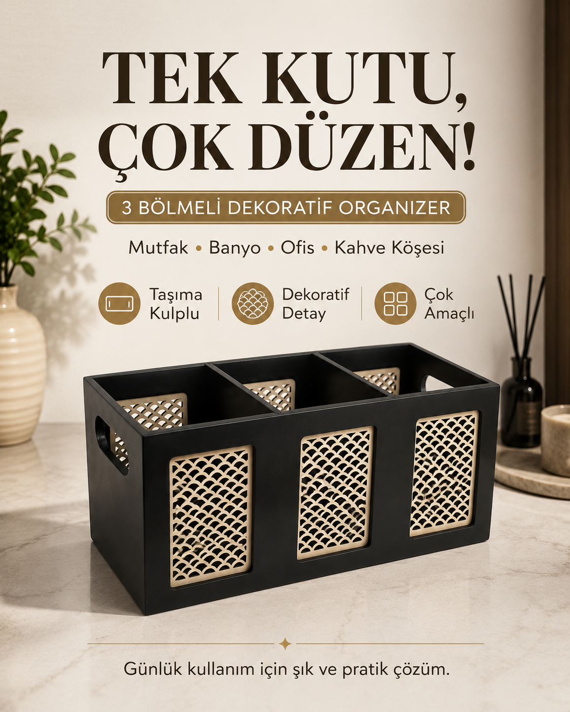 3 Bölmeli Taşıma Kulplu Dekoratif Masaüstü Organizer