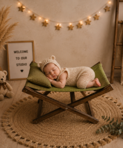 Yeşil Kumaşlı Katlanabilir Bebek Pozlama Şezlongu – Fotoğraf Çekim Dekoru