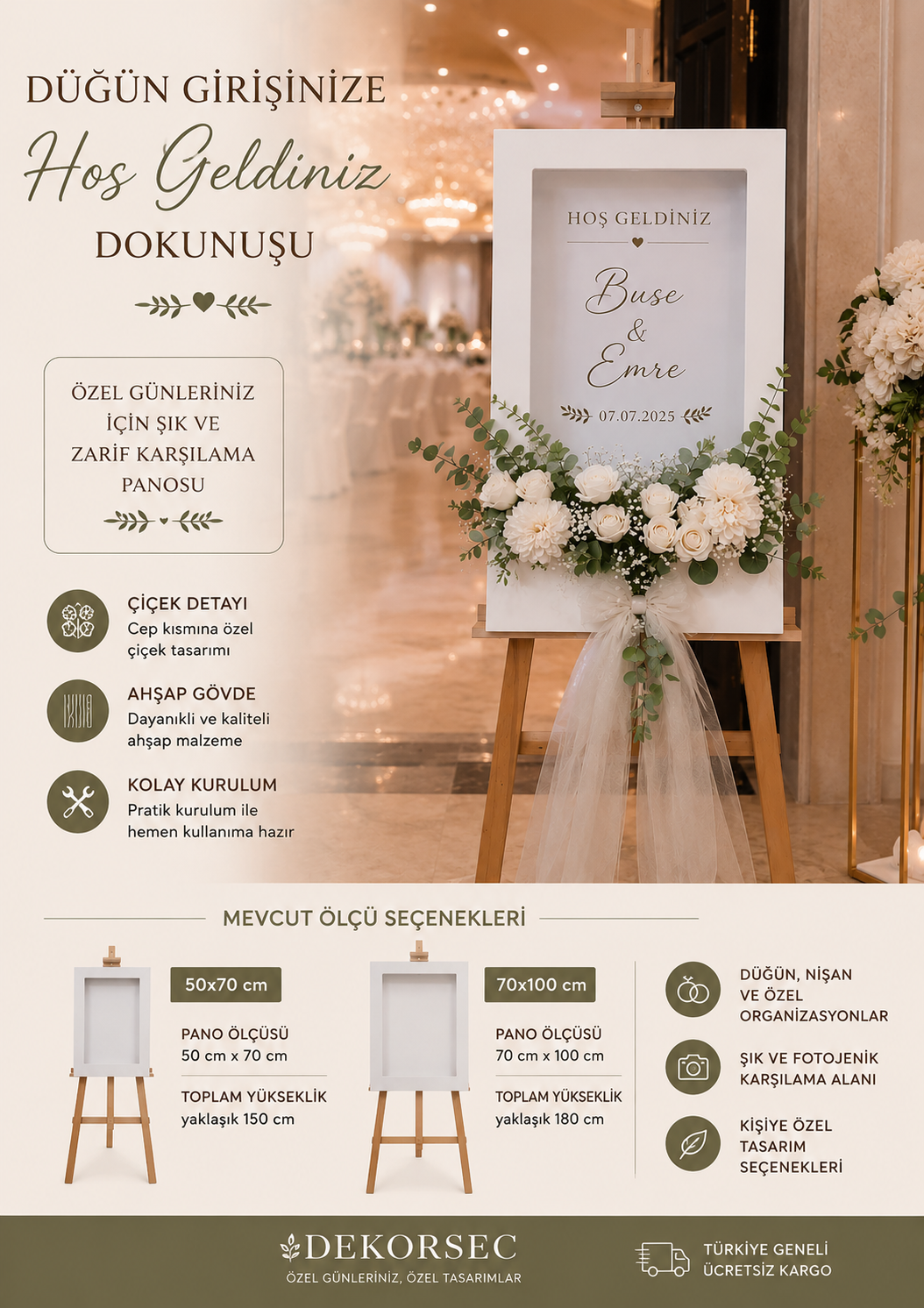 Kişiye Özel Çiçekli Düğün Karşılama Panosu – Şövaleli Model