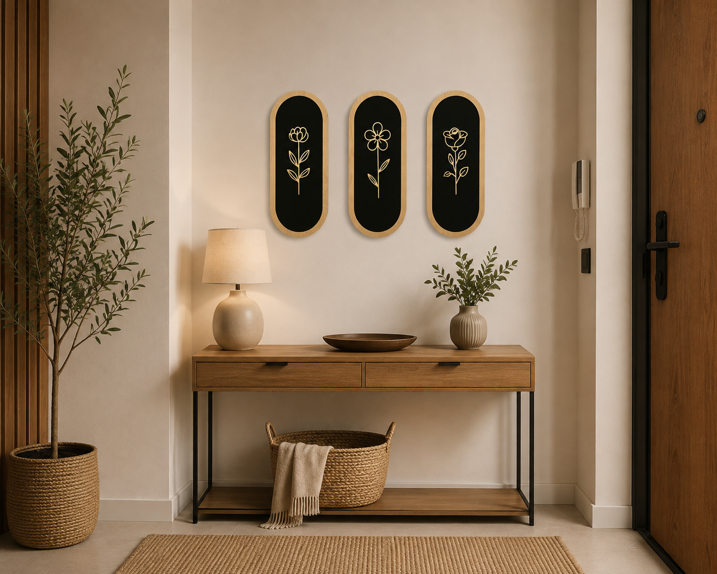 3’lü Kapsül Çerçeveli Botanik Duvar Dekoru – Siyah ve Ahşap Tonlu MDF Set - Görsel 4