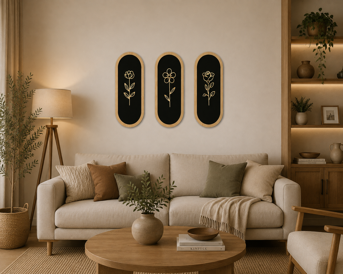 3’lü Kapsül Çerçeveli Botanik Duvar Dekoru – Siyah ve Ahşap Tonlu MDF Set - Görsel 2